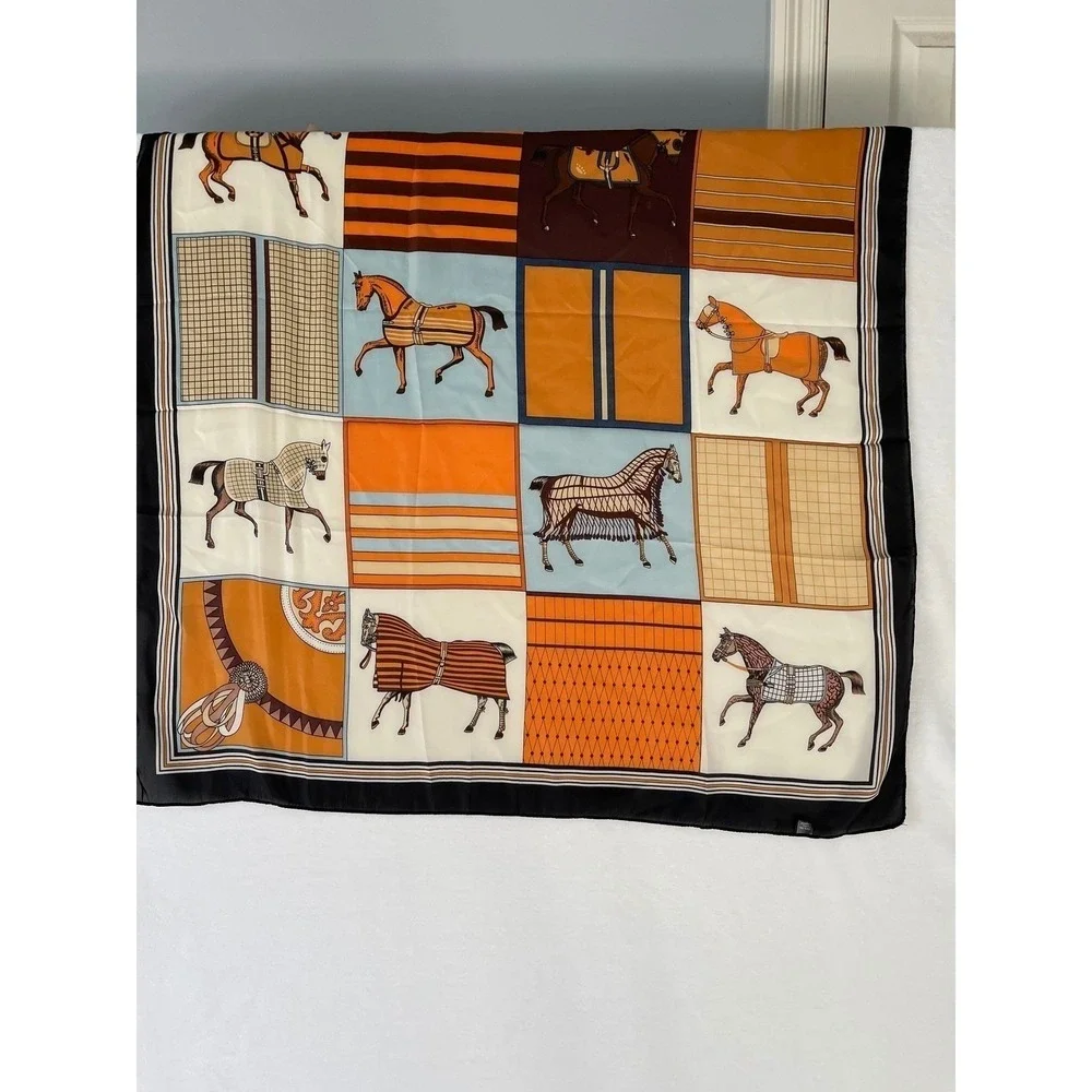 Women Equestrian Horse Patchwork Square Scarf Orange Brown Blue Satin Scarf NWT
